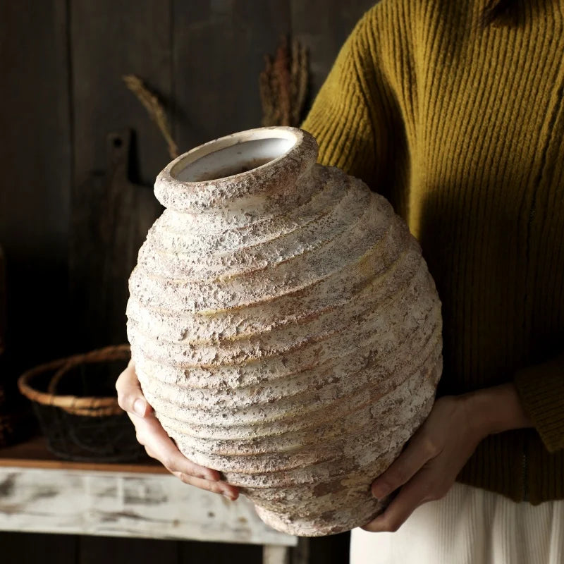 Vaso Cerâmica Barro Rústico Artesanal Retrô 21,5cm — Flores Secas Estilo Vintage