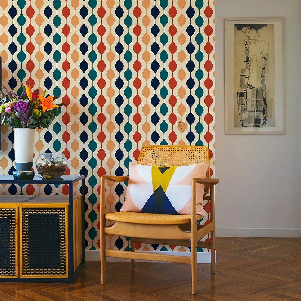 Papel de Parede PVC Ondas Coloridas Retrô Boho Autocolante — Para Cozinha e Banheiro