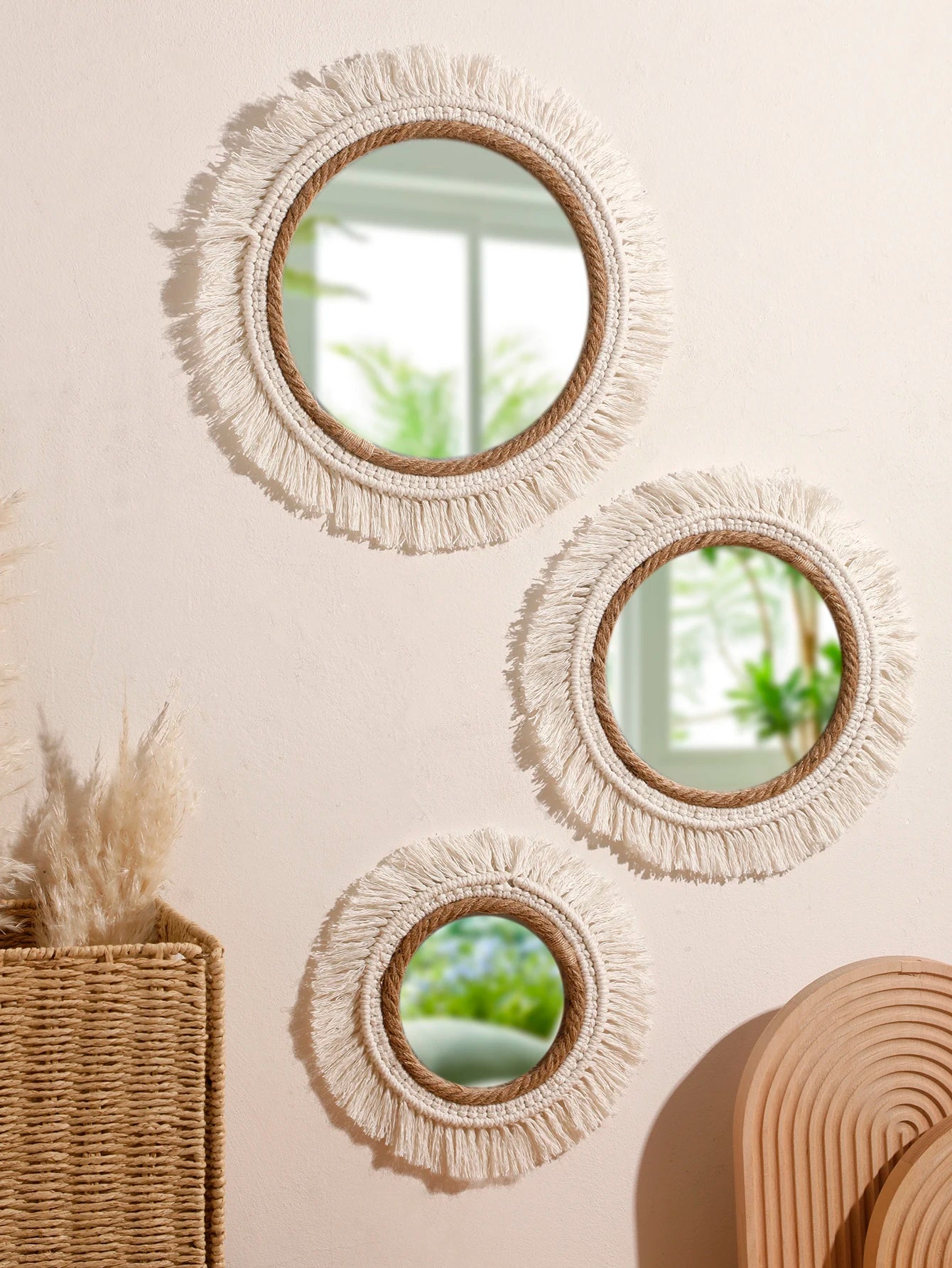 Espelho Decorativo Boho Tecido Trançado Redondo — Tapeçaria para Quarto e Sala
