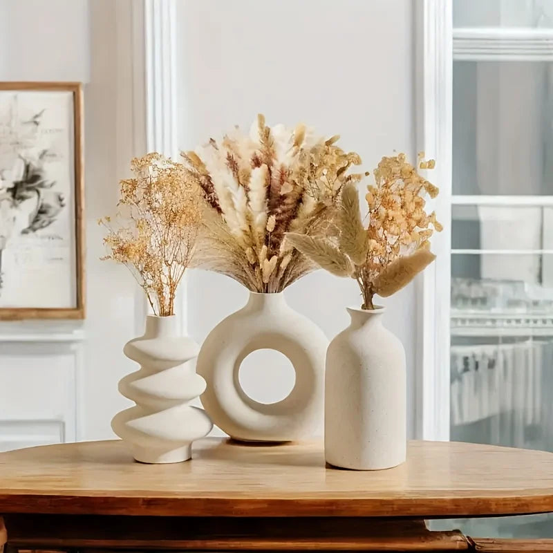 Kit 3 Vasos Cerâmica Boho Branco — Ornamentos Decorativos para Sala, Quarto e Casamento
