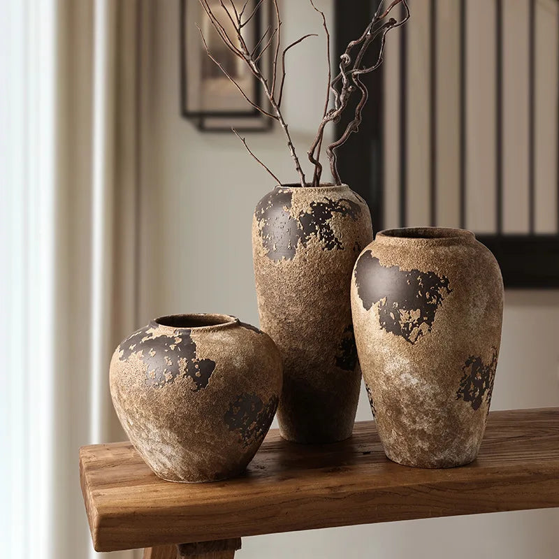 Vaso Wabi Sabi Cerâmica Retrô — Arranjo de Flores Secas para Sala, TV e Hall