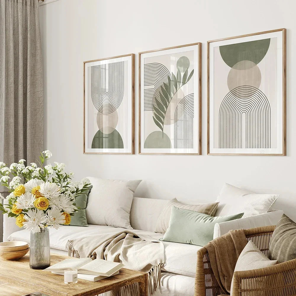 Quadro Decorativo Botânico Verde Sage Nórdico — Arte Boho Geométrica para Sala