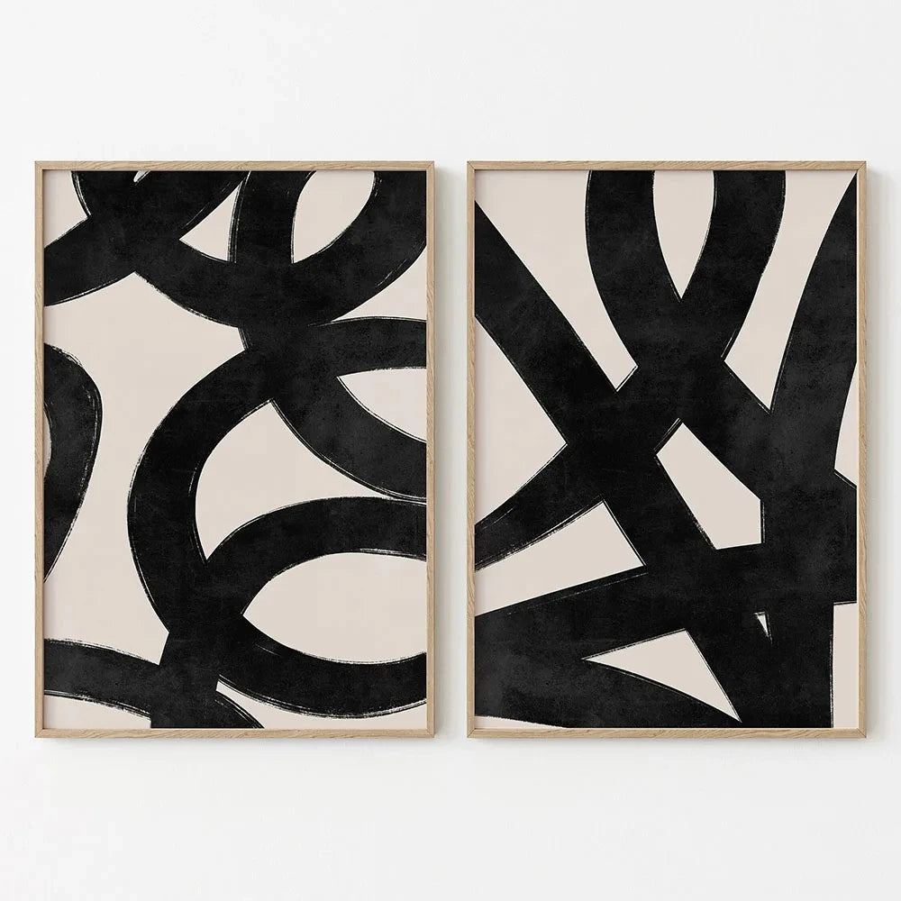 Quadro Decorativo Abstrato Linhas Bege e Preto — Arte Minimalista para Sala