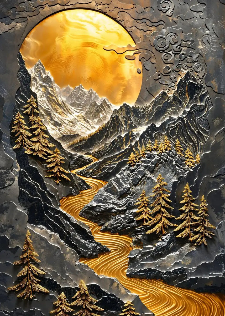 Quadro Decorativo Árvore Dourada e Lua — Arte Abstrata Zen