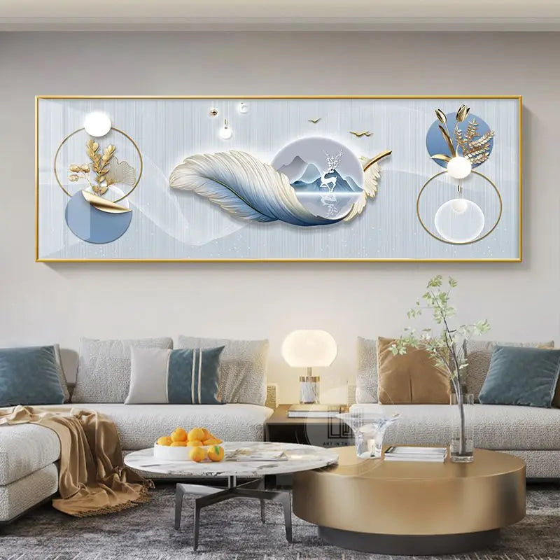 Quadro Decorativo Cervo Dourado Estilo Chinês — Arte Feng Shui para Sala sem Moldura