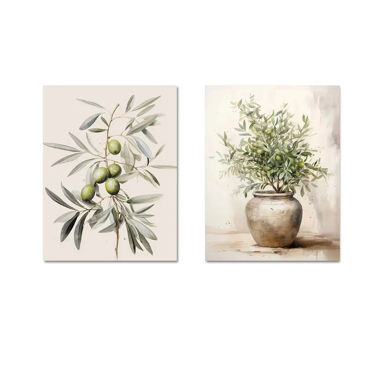 Kit 2 Quadros Oliveira e Vaso — Arte Botânica Retrô para Sala
