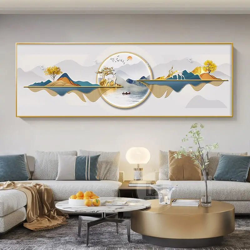 Quadro Decorativo Cervo Dourado Estilo Chinês — Arte Feng Shui para Sala sem Moldura