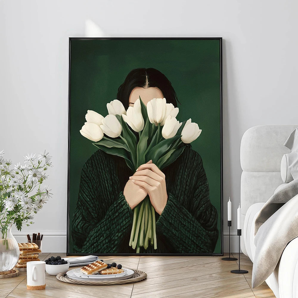 Quadro Decorativo Mulher Abstrata com Flores — Arte Minimalista Japandi para Sala