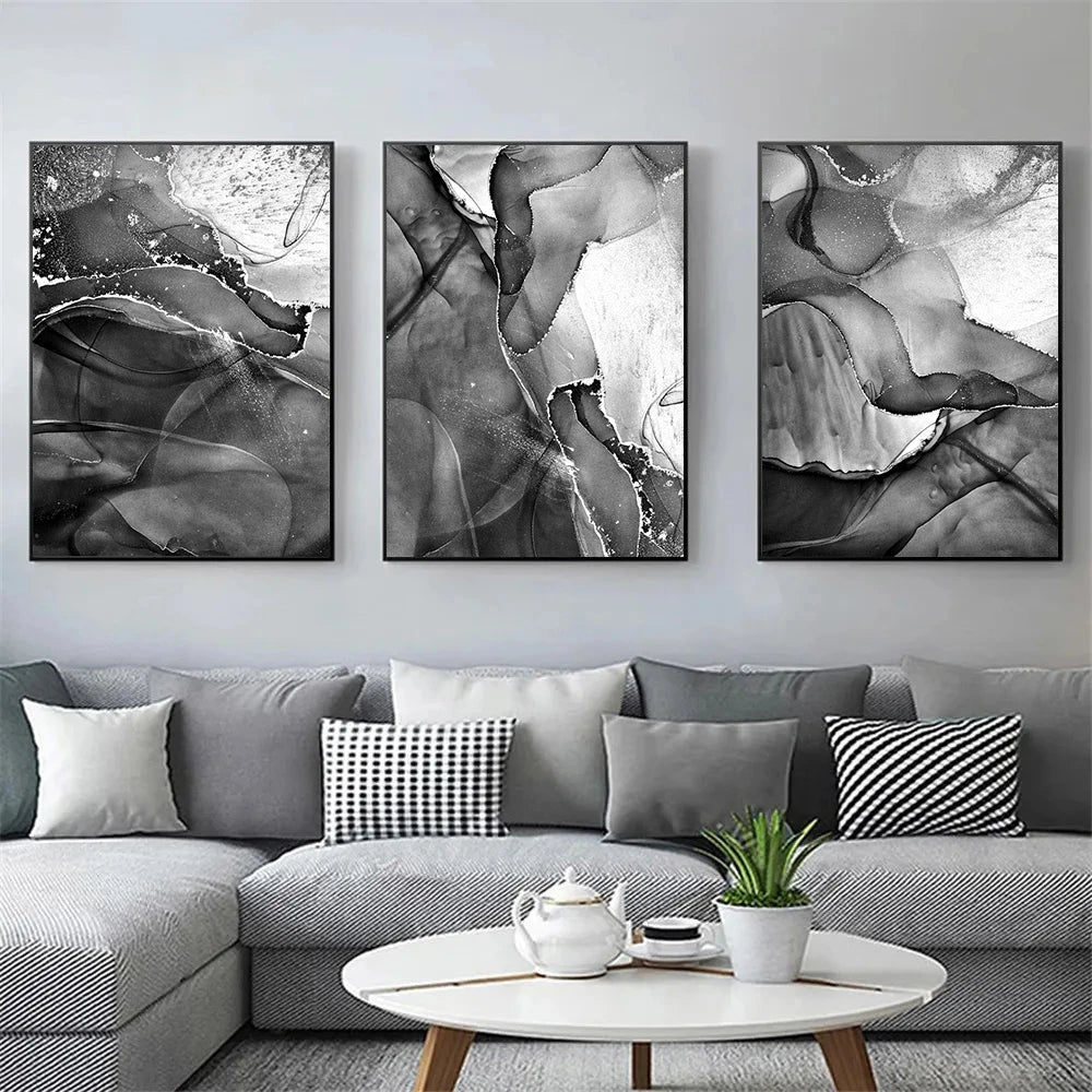 Quadro Canvas Mármore Abstrato Preto e Branco — Poster Nórdico para Sala e Quarto