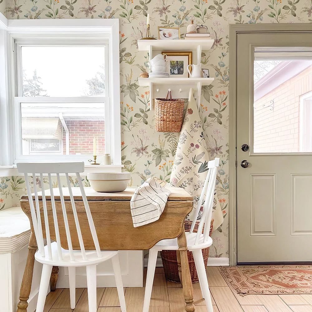Papel de Parede Floral Vintage Amarelo Claro Autocolante — Charme para Armários e Cozinha