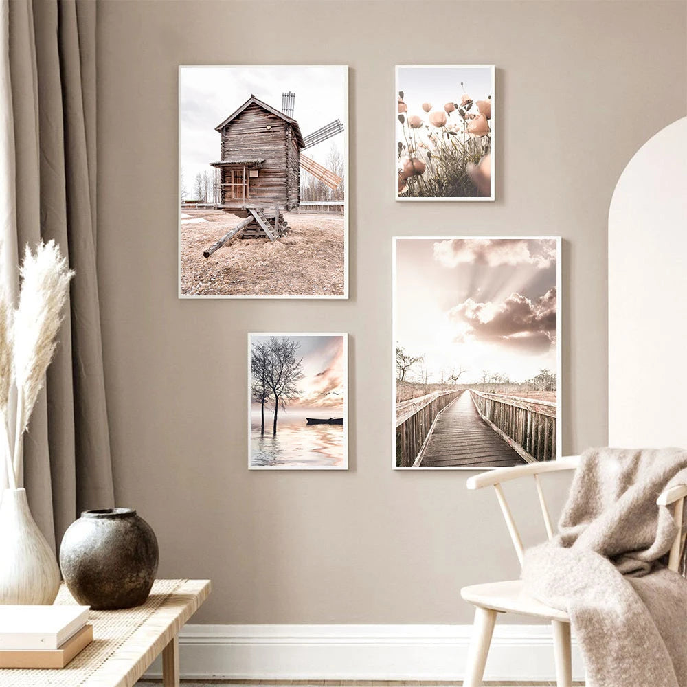 Quadro Decorativo Praia e Ponte de Madeira — Arte de Paisagem Nórdica para Sala
