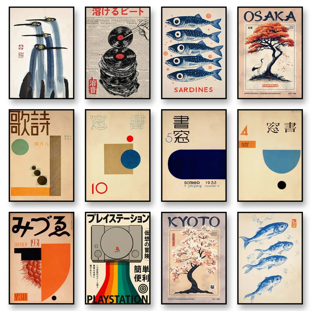 Quadro Decorativo Garça Retrô Japonês — Arte Vintage Japandi para Sala