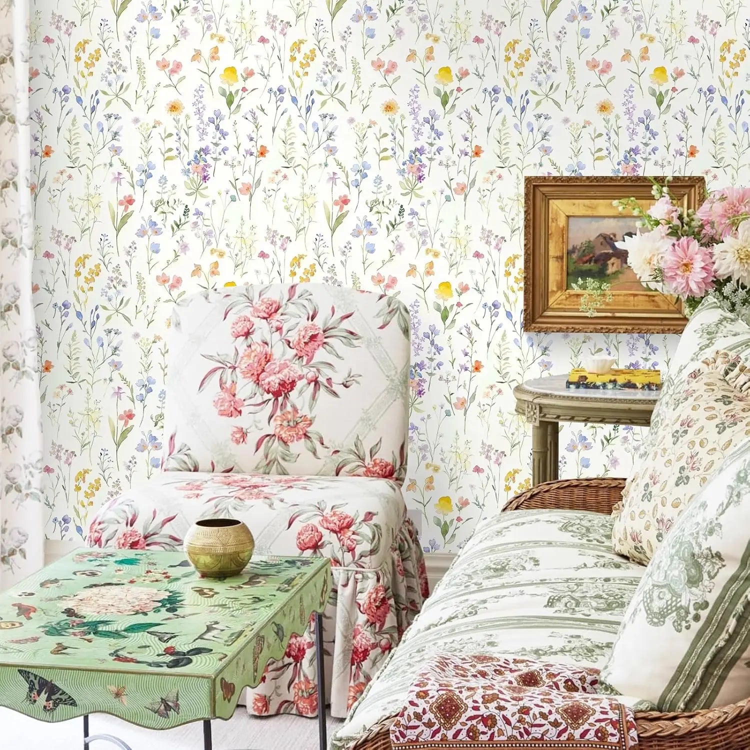 Papel de Parede Boho Floral com Folhas Removível Autocolante — Para Banheiro e Quarto