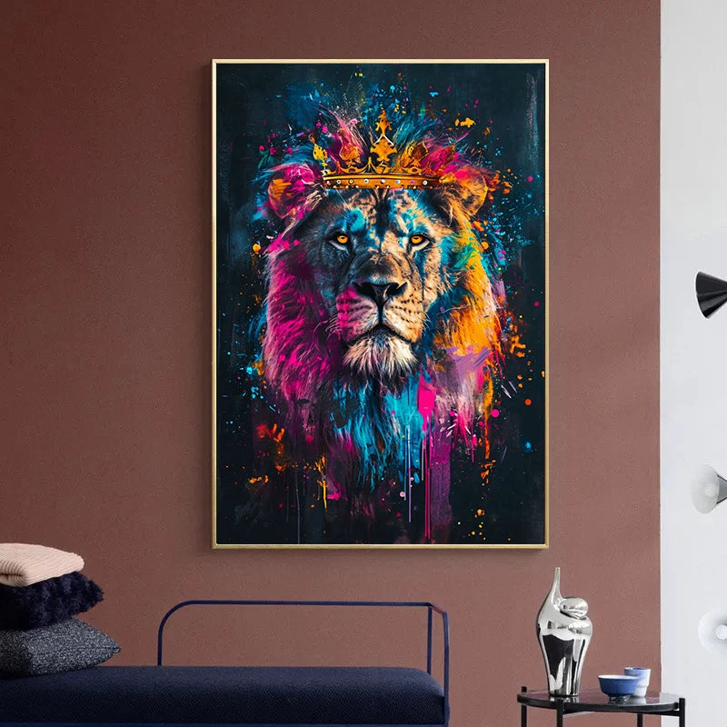 Quadro Decorativo Animais Abstrato Grafite — Leão, Tigre e Lobo para Sala