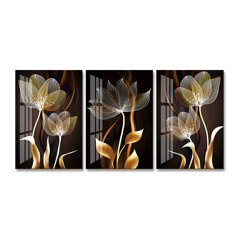 Kit 3 Quadros Flores Preto e Dourado — Arte Abstrata Moderna para Sala