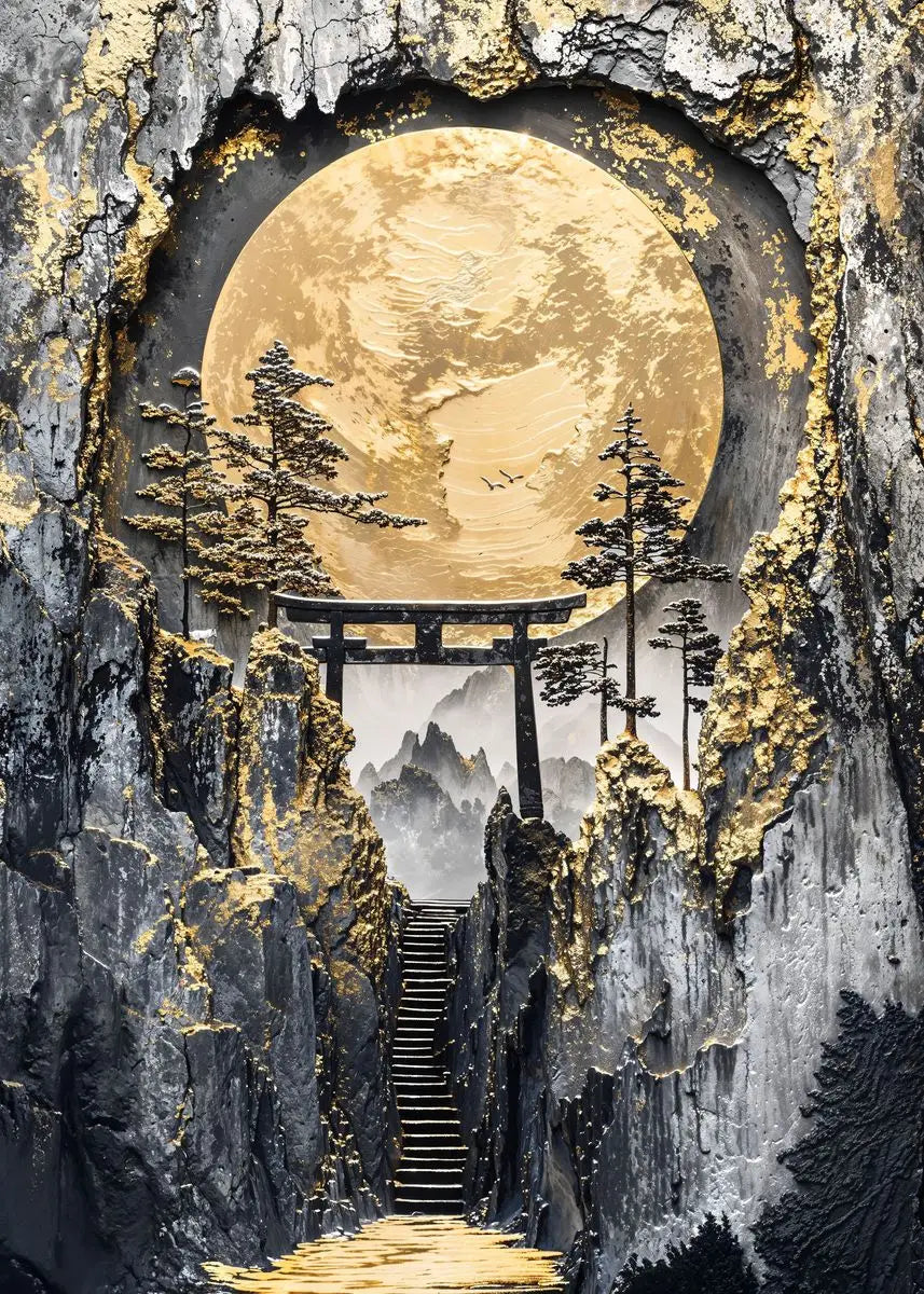 Quadro Decorativo Árvore Dourada e Lua — Arte Abstrata Zen