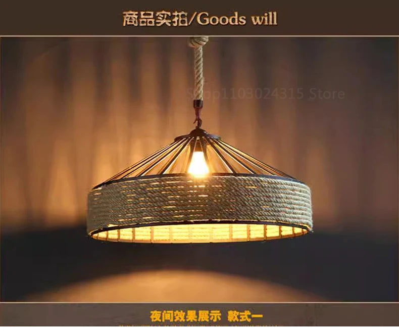Lustre Pendente de Corda de Sisal — Luminária Industrial Retrô para Sala de Jantar