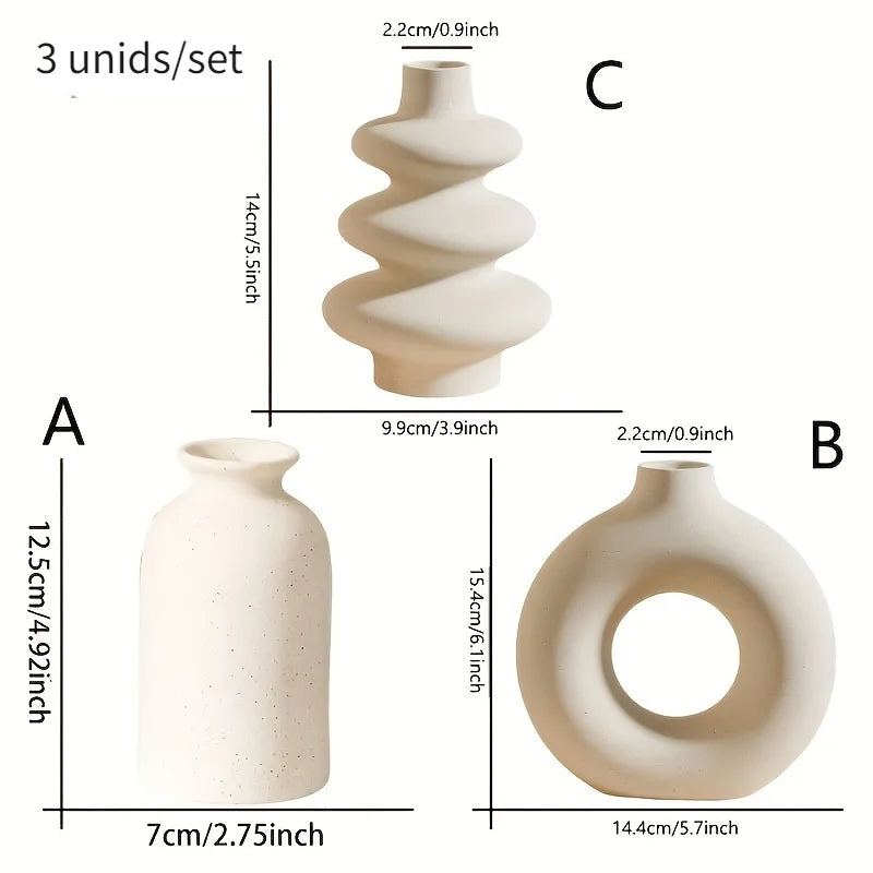 Kit 3 Vasos Cerâmica Boho Branco — Ornamentos Decorativos para Sala, Quarto e Casamento