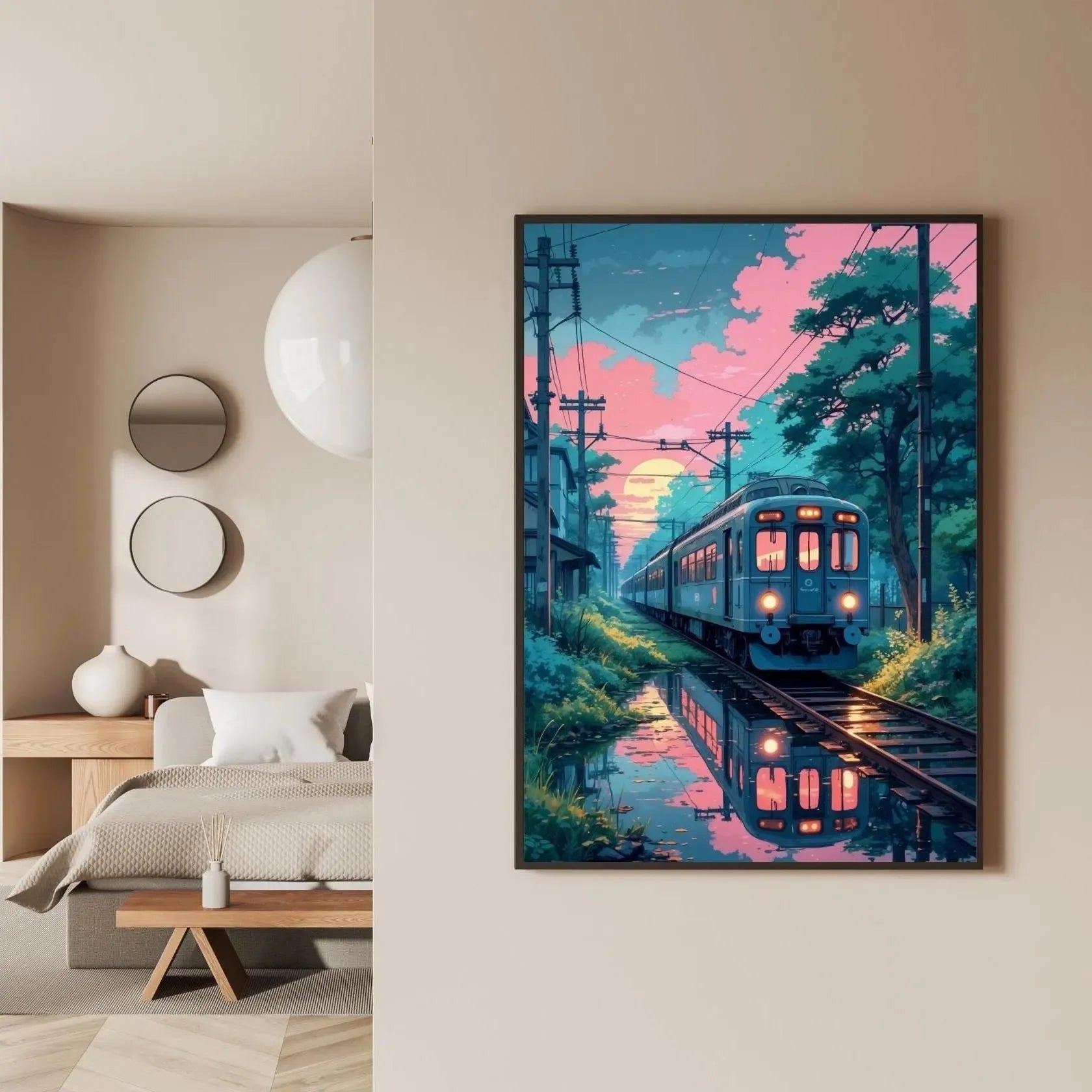 Quadro Decorativo Rua Japonesa Noite Chuvosa — Arte de Paisagem Retrô para Sala e Quarto