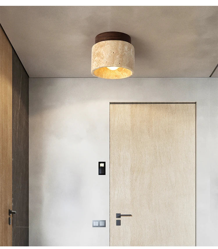 Luminária de Teto LED Estilo Japonês — Madeira e Pedra para Sala, Corredor e Varanda