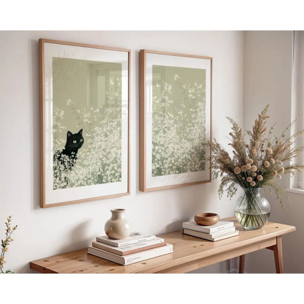 Kit 2 Quadros Gatos no Campo de Flores — Arte Verde Sage Primavera Boho para Sala