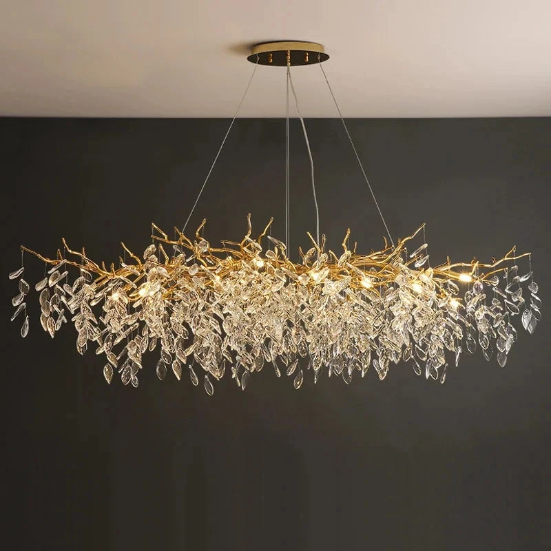 Lustre de Cristal Dourado LED — Pendente de Luxo para Sala