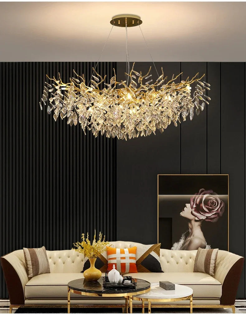 Lustre de Cristal Dourado LED — Pendente de Luxo para Sala