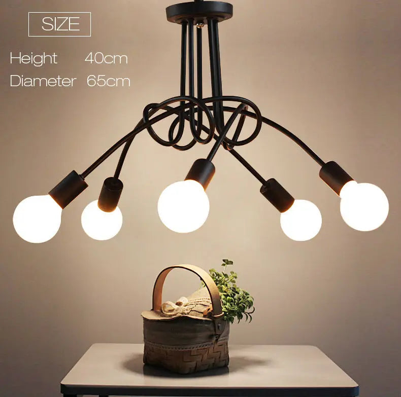 Lustre Retrô de Ferro Forjado LED — Luminária de Teto Preta e Branca para Sala