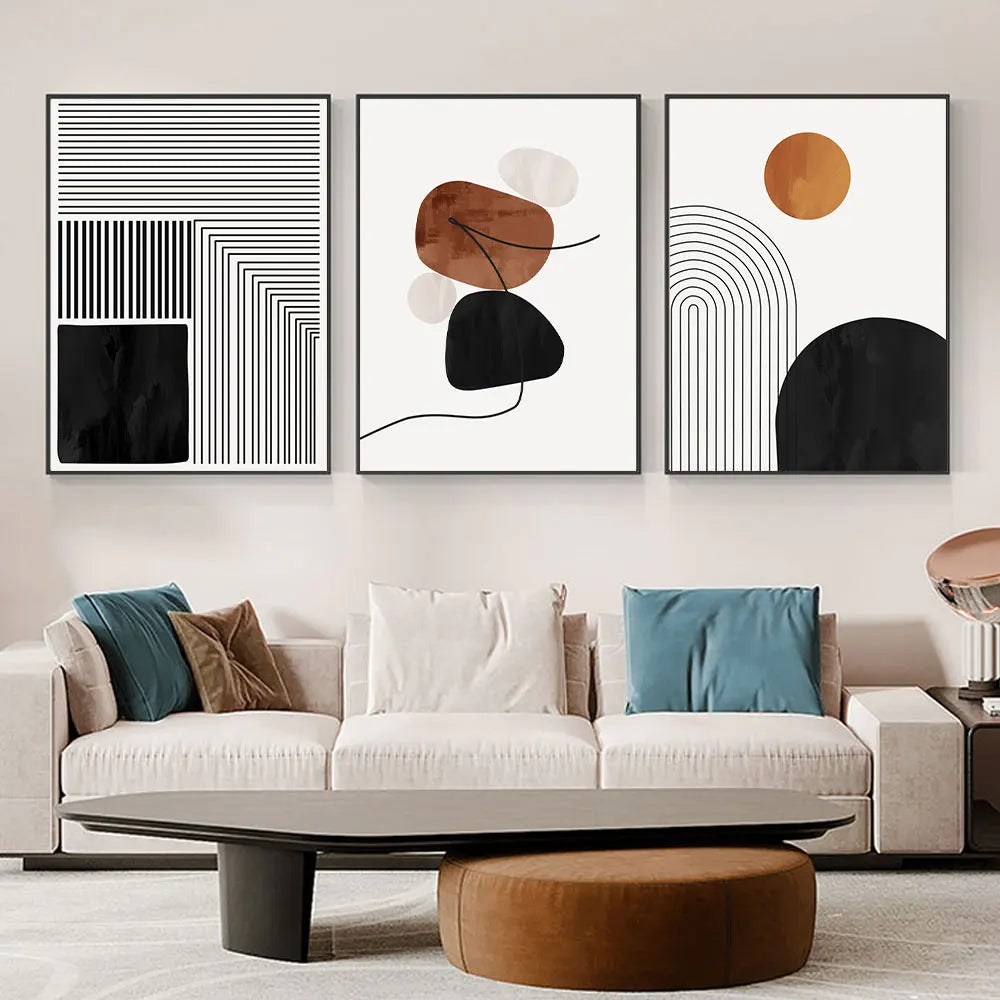 Kit 3 Quadros Canvas Arte Geométrica Abstrata — Linhas Preto e Branco Nórdico
