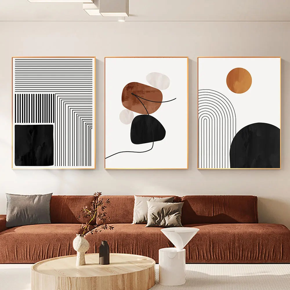 Kit 3 Quadros Canvas Arte Geométrica Abstrata — Linhas Preto e Branco Nórdico