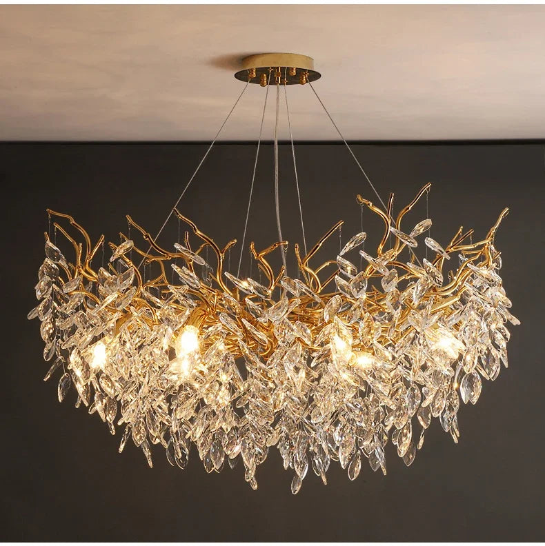 Lustre de Cristal Dourado LED — Pendente de Luxo para Sala