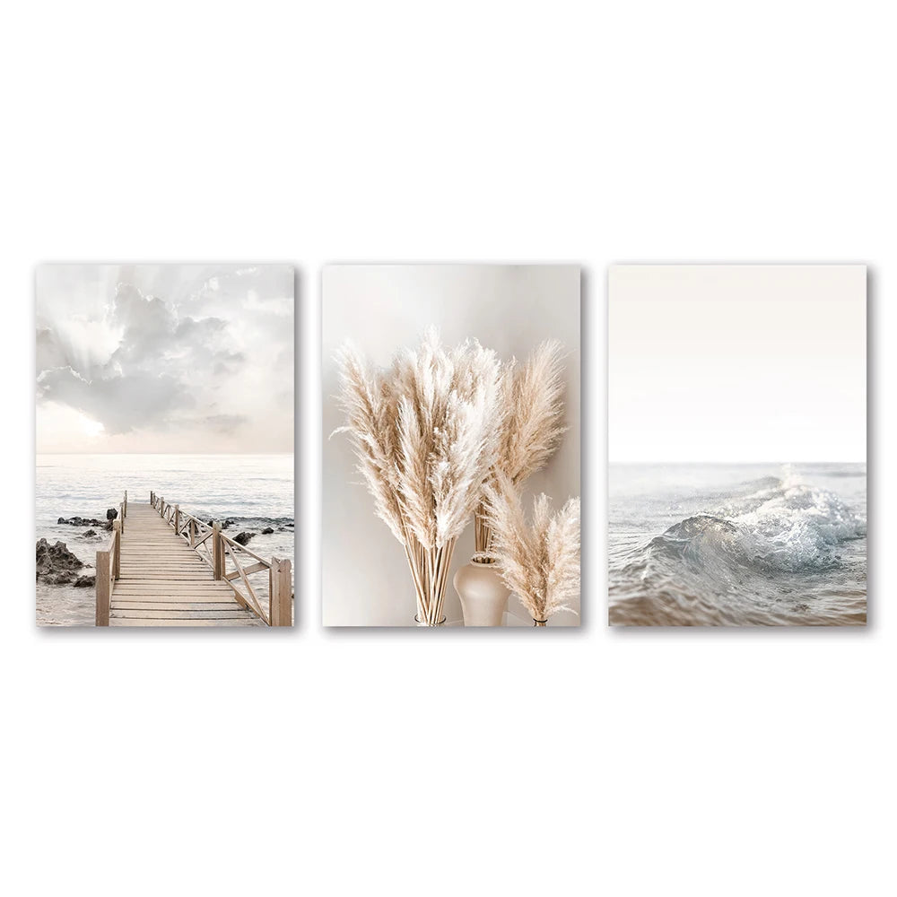 Kit 3 Quadros Paisagem Praia Branca — Arte Nórdica para Sala e Quarto