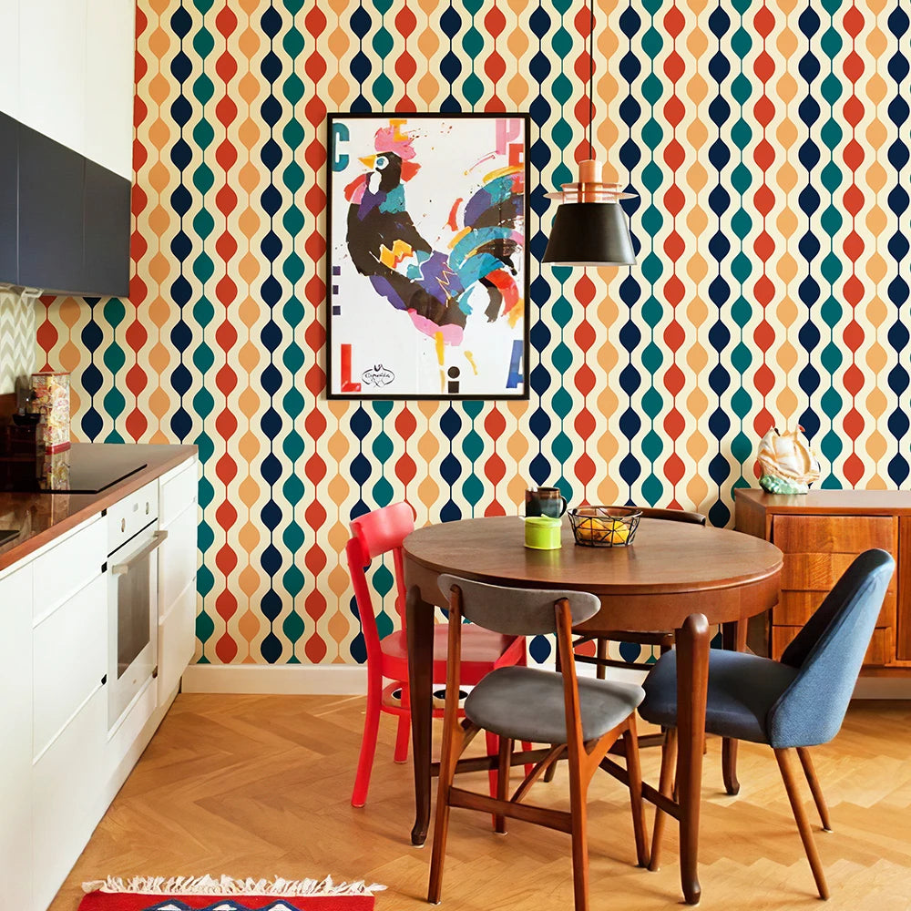 Papel de Parede PVC Ondas Coloridas Retrô Boho Autocolante — Para Cozinha e Banheiro
