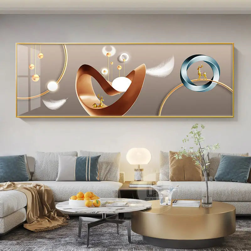 Quadro Decorativo Cervo Dourado Estilo Chinês — Arte Feng Shui para Sala sem Moldura