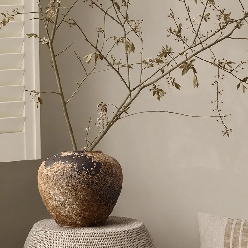 Vaso Wabi Sabi Cerâmica Retrô — Arranjo de Flores Secas para Sala, TV e Hall