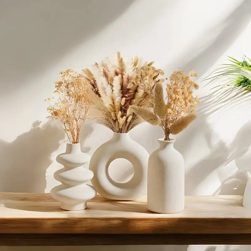 Kit 3 Vasos Cerâmica Boho Branco — Ornamentos Decorativos para Sala, Quarto e Casamento