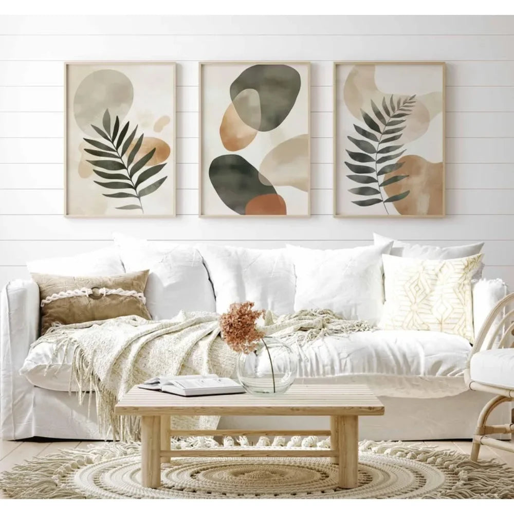 Kit 3 Quadros Bohemian Plants — Arte Abstrata Bege Neutro Minimalista Sem Moldura