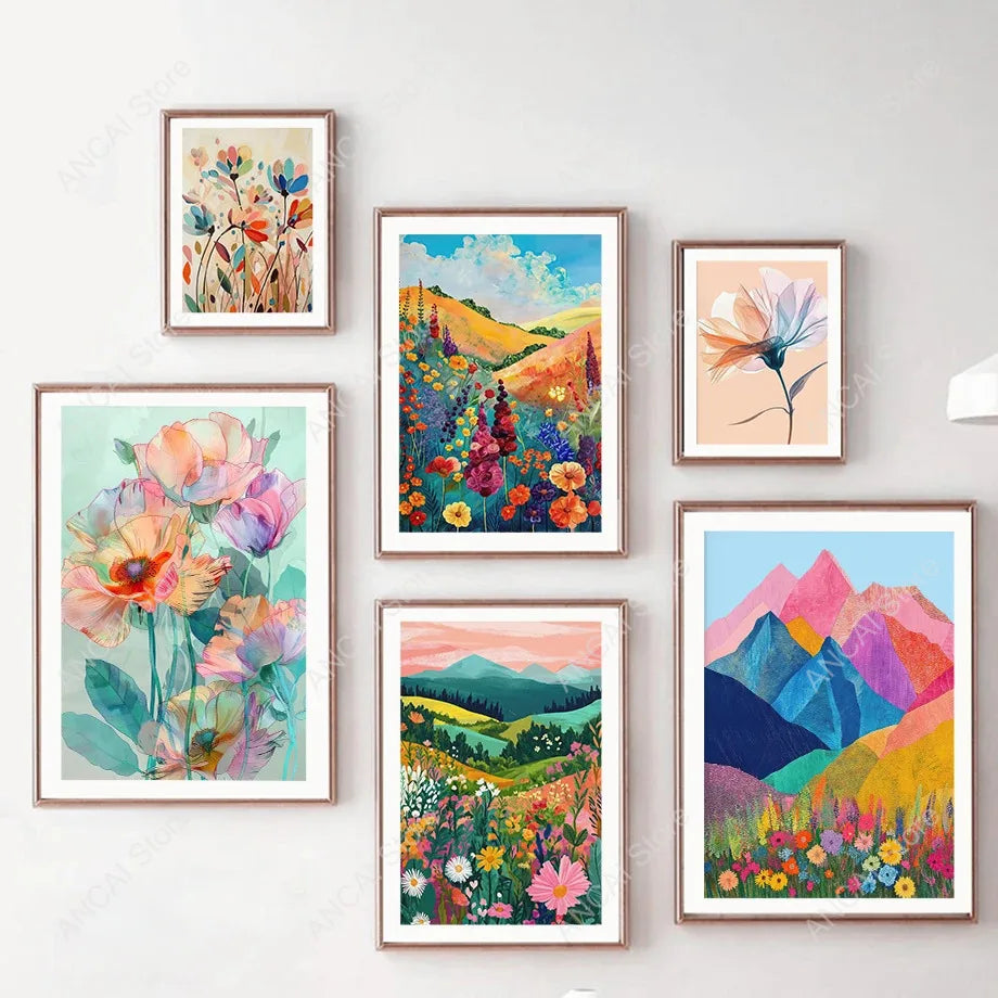 Quadro Decorativo Paisagem Montanhas e Flores — Arte Colorida Nórdica para Sala