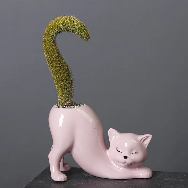 Vaso Cerâmica Gato Cartoon Fofo — Porta-Suculentas e Flores para Decoração