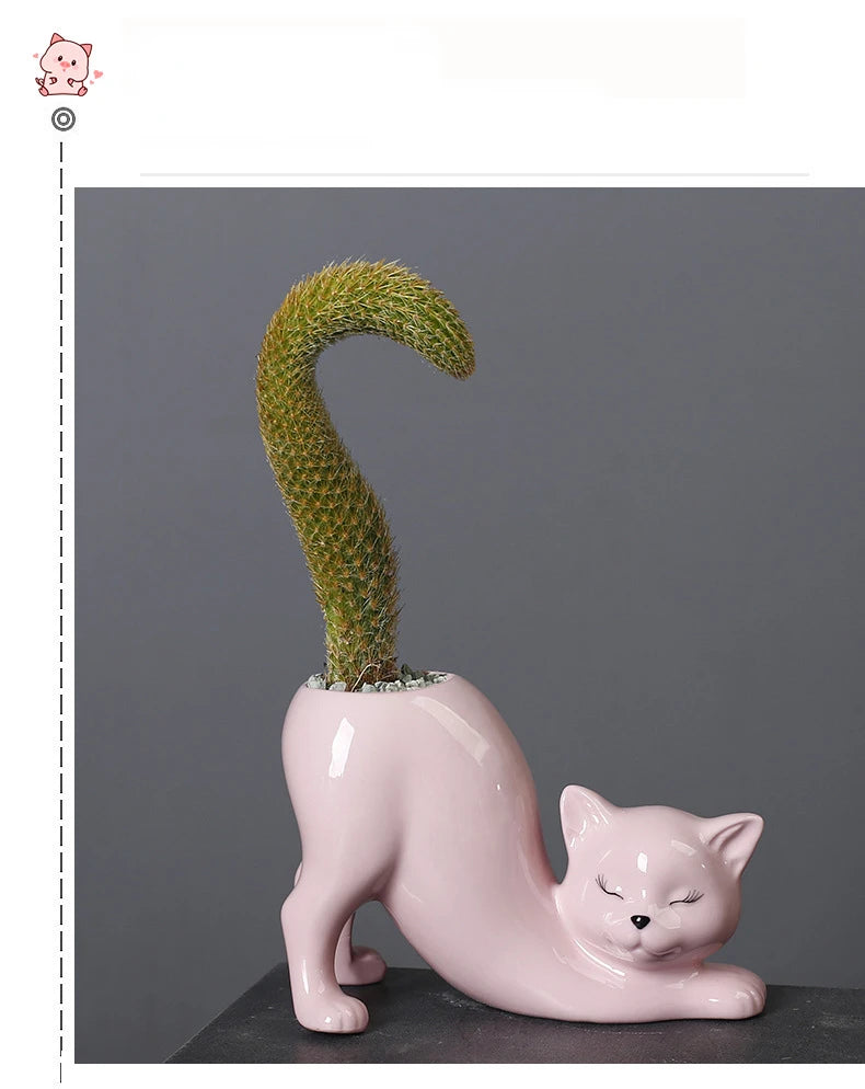 Vaso Cerâmica Gato Cartoon Fofo — Porta-Suculentas e Flores para Decoração