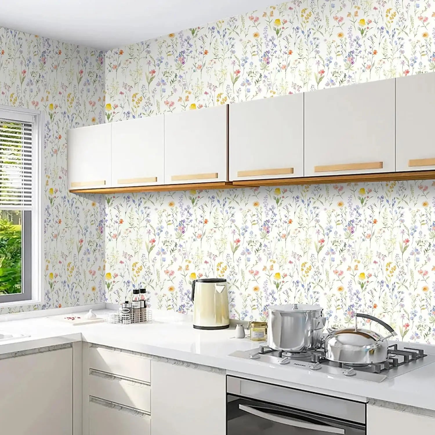 Papel de Parede Boho Floral com Folhas Removível Autocolante — Para Banheiro e Quarto