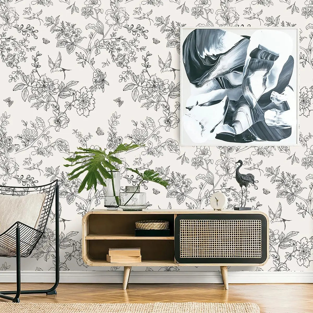 Papel de Parede Floral Preto e Branco com Pássaros — Autocolante Removível Elegante