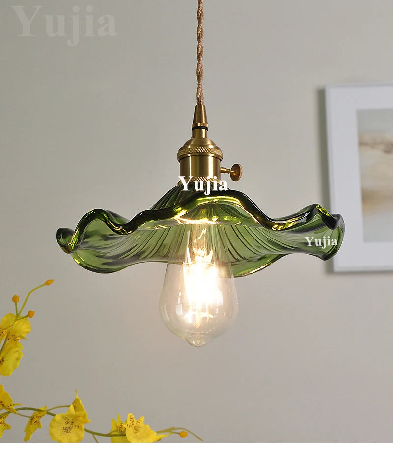 Pendente Nórdico Vidro Verde — Luminária de Latão para Cozinha e Sala de Jantar