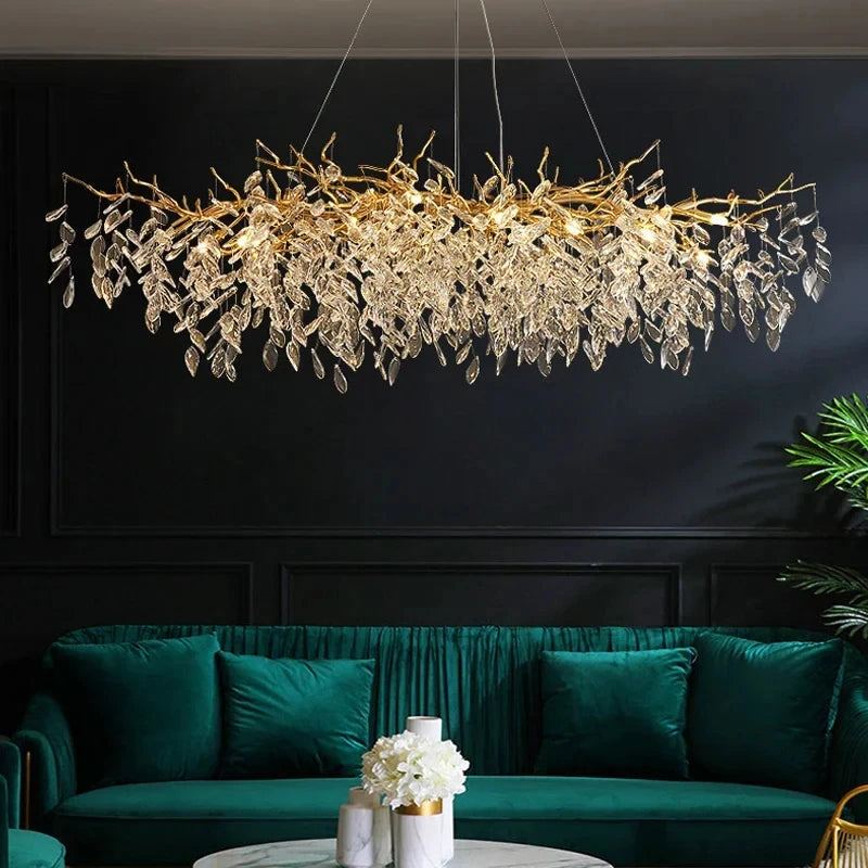 Lustre de Cristal Dourado LED — Pendente de Luxo para Sala