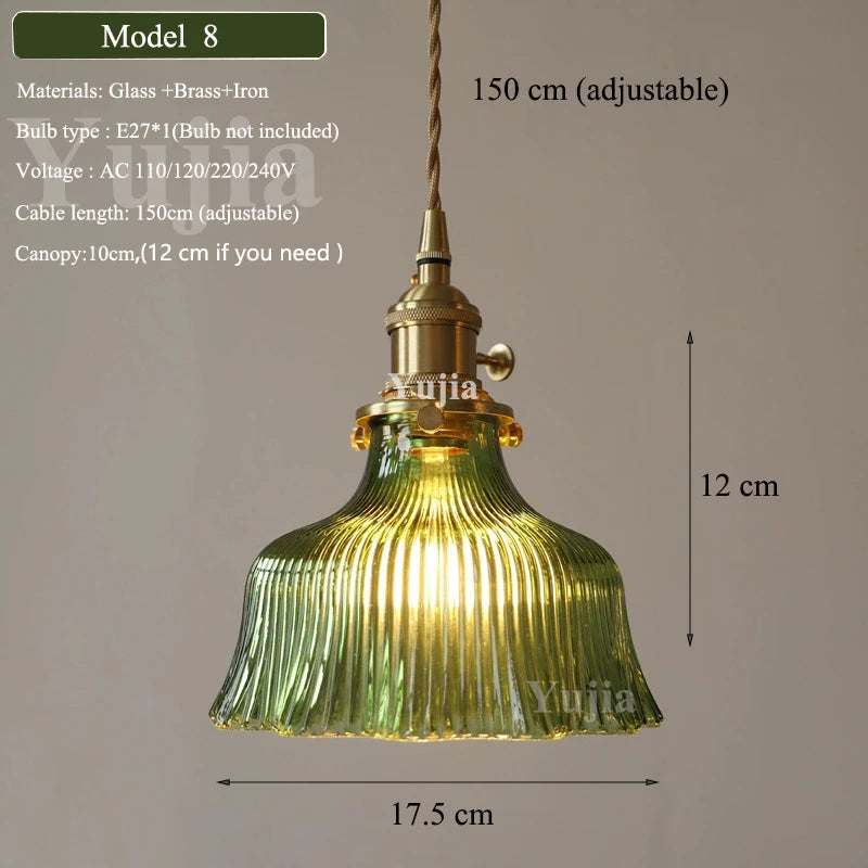 Pendente Nórdico Vidro Verde — Luminária de Latão para Cozinha e Sala de Jantar