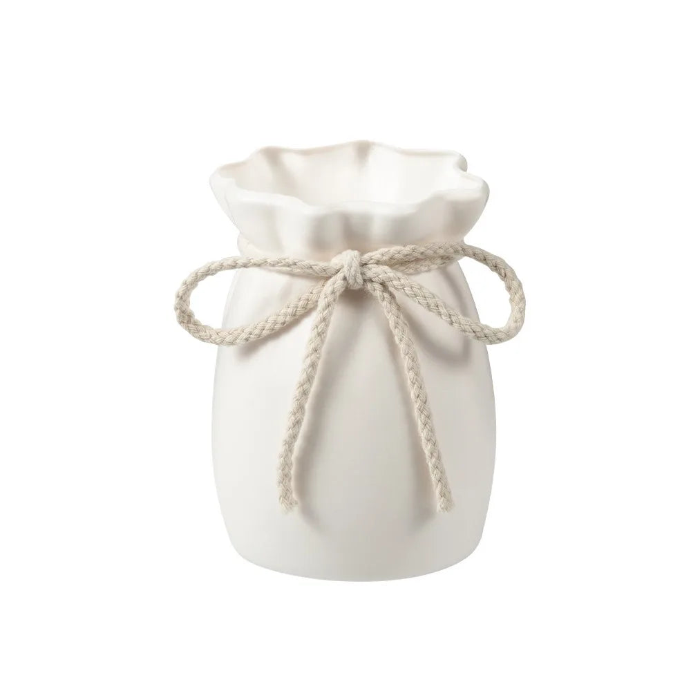 Vaso Decorativo Branco com Laço — Vaso de Plantas para Mesa e Jardim