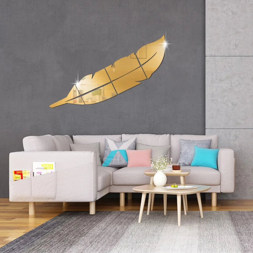 Adesivo de Parede 3D Penas Dançantes com Espelho — Decoração Elegante para Sala e Quarto