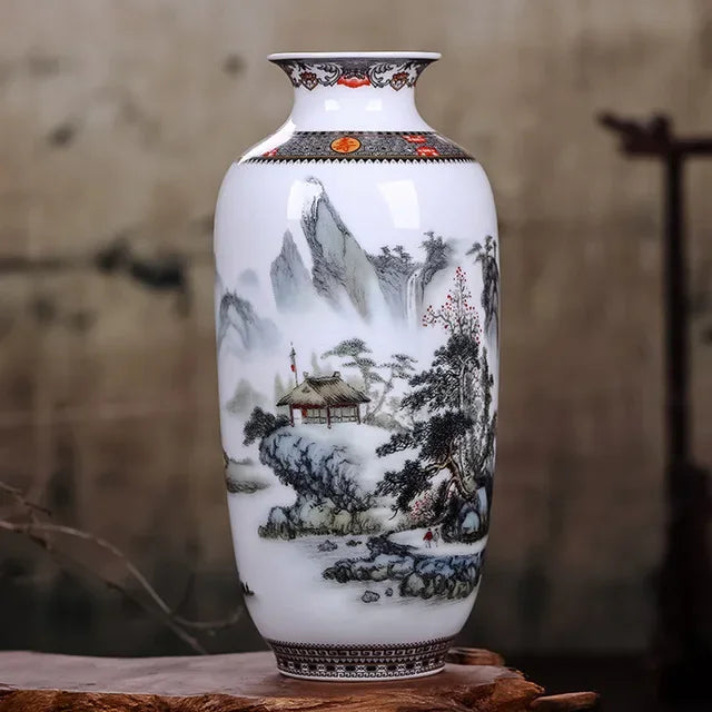Vaso Cerâmica Jingdezhen Tradicional Chinês — Para Flores e Decoração de Sala