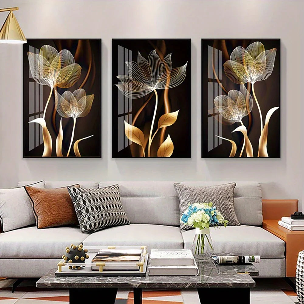 Kit 3 Quadros Flores Preto e Dourado — Arte Abstrata Moderna para Sala