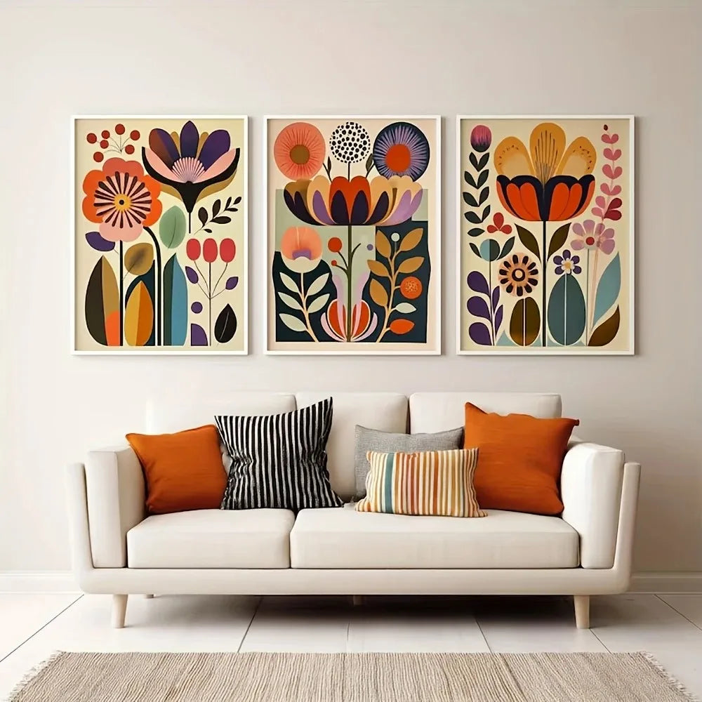 Kit 3 Quadros Florais Escandinavos — Arte Boho Botânica para Sala